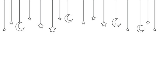 Fototapeta na wymiar Outline Hanging Crescent and Stars Animated Decorative Design Elements. Crescent on white alpha channel. Motion Animation for Muslim holidays. Ramadan Kareem Cartoon Gold Moon and star. Bedtime. 