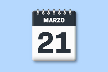 21 de marzo - fecha calendario pagina calendario - vigesimo primer dia de marzo sobre fondo azul - obrazy, fototapety, plakaty