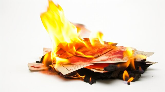 A Burning Pile Of Money With White Background. Generative AI.