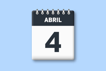 4 de abril - fecha calendario pagina calendario -  cuarto dia de abril sobre fondo azul