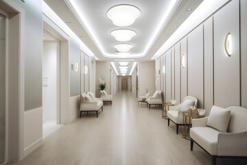 Luxury medical clinic lobby with wooden doors. Beige armchairs and bright lighting. Waiting area concept. Generative AI
