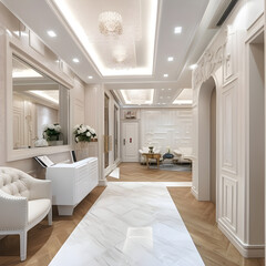 Luxury medical clinic interior with wooden doors. Beige armchairs and bright lighting. Waiting area concept. Generative AI