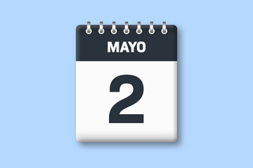 2 de mayo - fecha calendario pagina calendario - segundo dia de mayo sobre fondo azul - obrazy, fototapety, plakaty