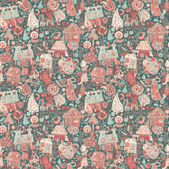 Obraz premium Abstract red and green seamless pattern with peppermint swirls and gingerbread houses. Generative AI.