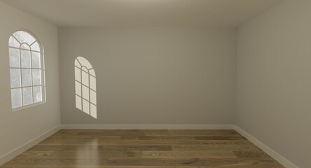 White wall in empty room with window and wooden floor