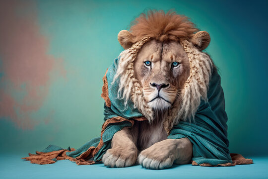 Studio shot of sad lion wearing circus clothes suffering from being tired created with Generative AI technology