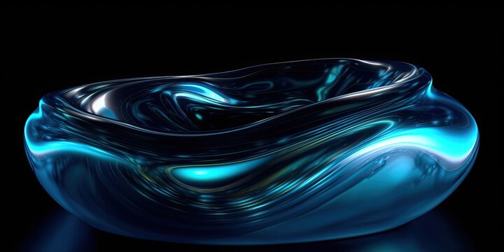 Abstract Fluid Iridescent Holographic Neon Curved Chrome Wave In Motion. Shiny Liquid Metal Background. Metallic Gleam Wallpaper.