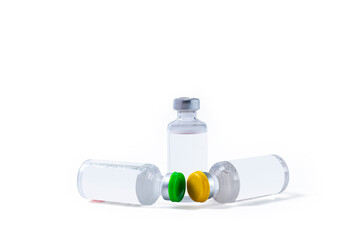 Medical vaccine vials on white background. Isolated medical equipment