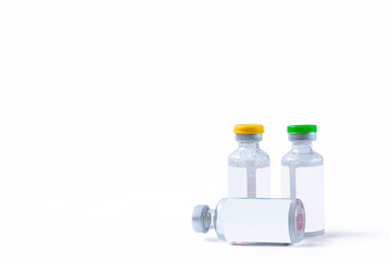 Medical vaccine vials on white background with copy space for text. Vaccination Concept.