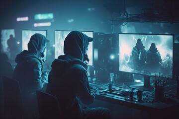 Man wearing headset sitting in front of the computer and being involved at the game Generative AI