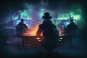 Man wearing headset sitting in front of the computer and being involved at the game Generative AI