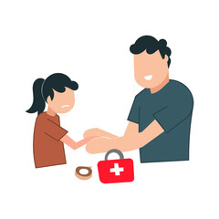 Obraz premium Vector illustration of a father helping his daughter with first aid kit.