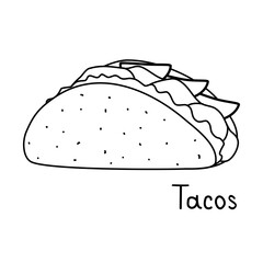 Tacos with tortilla shell Mexican lunch, doodle style flat vector outline for coloring book