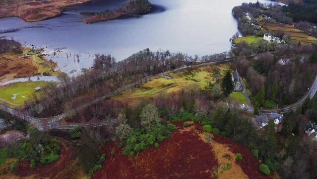 Drone view of Glenfinnan and Loch Shiel Lake in Scotland, UK. Hogwarts location - Harry Potter Movie.