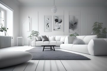 White room with sofa. Scandinavian interior design , home decoration , 3D illustration - generative ai
