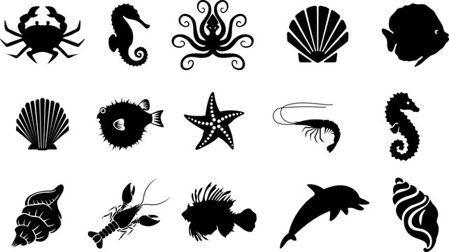 marine life. sea life animals. aquatic animal silhouette vector illustration isolated on white