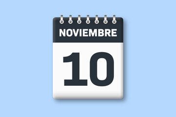 10 de noviembre - fecha calendario pagina calendario -  decimo dia de noviembre sobre fondo azul