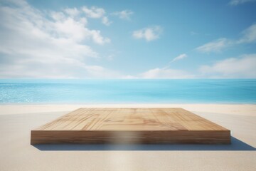 Empty Wooden Platform on Serene Beach with Majestic Mountains and Fluffy Clouds - Minimalist 3D Render for Luxurious and Sophisticated Product Showcase in Natural Setting.