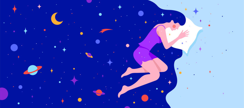 Woman with dream universe. Simple character of woman sleeping in bed with universe starry planet, moon star, night sky in cosmos hair. Woman character in dream, flat graphic. Vector Illustration
