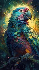 Vibrant and detailed watercolor illustration of an Ara parrot perched in a lush jungle setting. Created with AI generative technology for a unique and stunning artwork.