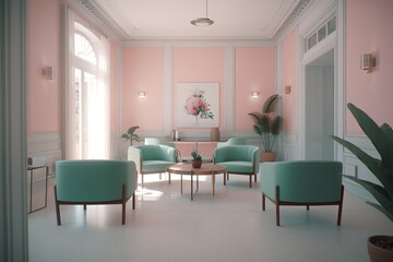 Interior, domestic modern room, minimalistic design in pink and mint green shades, AI generative