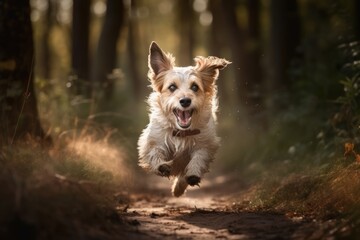 A Silly and Endearing Image of a Mischievous Dog Mid-Jump in Whimsical World - High-Resolution Photograph Capturing Playful Canine Personality