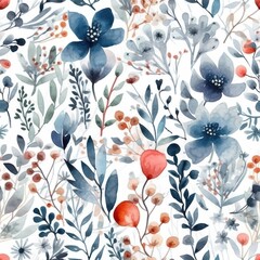 Seamless floral background with Scandinavian style watercolor leaves and wild flowers in blue and red, AI generative