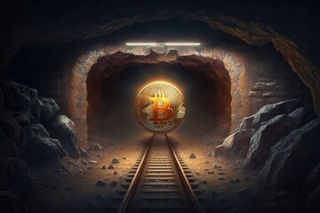 Fototapeta premium Bitcoin coin at the end of the mining cave rail, Generative AI