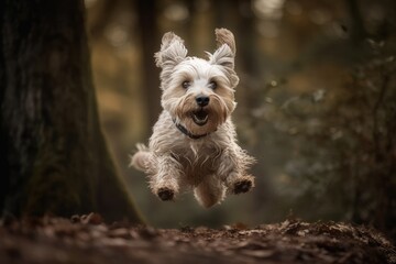 A Silly and Endearing Image of a Mischievous Dog Mid-Jump in Whimsical World - High-Resolution Photograph Capturing Playful Canine Personality