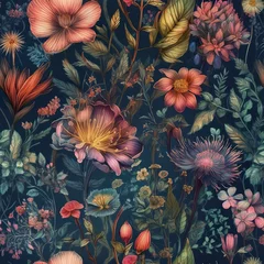 Foto op Plexiglas anti-reflex Seamless floral background with various flower types, vintage botany books style on dark blue background, AI generative © Friedbert