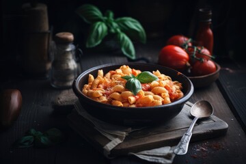 A delicious pasta dish with homemade tomato sauce and fresh basil, served in a rustic bowl - made with AI
