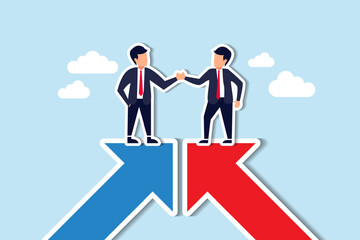 Cooperation partnership, work together for success, team collaboration, agreement or negotiation, collaborate concept, businessmen handshake on growth arrow joining connection agree to work together