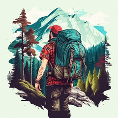 Traveler Man climbing with backpack Travel Lifestyle concept active adventure summer vacations hiking outdoor mountains landscape forest. Created with Generative AI technology.