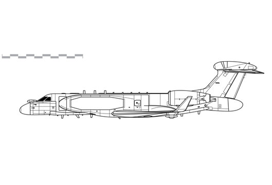 Gulfstream G550 CAEW, IAI EL/W-2085. Vector drawing of airborne early warning and control aircraft. Side view. Image for illustration and infographics.