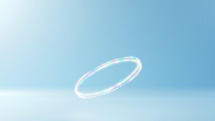 水色背景にカラフルな光の輪。円形の光線。美容、化粧品、スキンケアの背景素材。（横長）