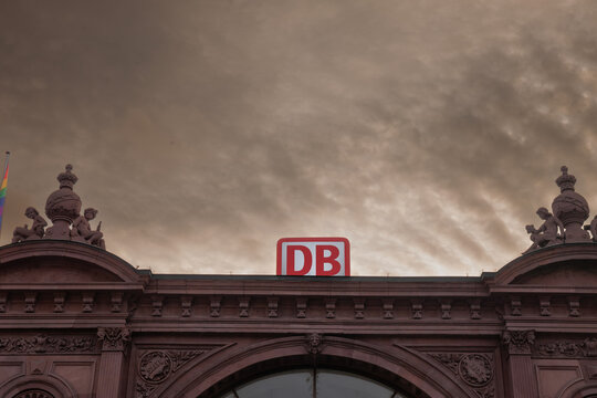 BONN, GERMANY - NOVEMBER 7, 2022: Logo of DB netze on the train station of Bonn Hauptbahnhof. Deutsche Bahn is Germany main railway carrier and train operator.