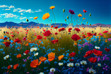 Bright wild flowers at beautiful summer meadow, with a lush green background of grass. Delicate flower blossom, which stands tall and proud amidst the natural landscape illustration, generative ai