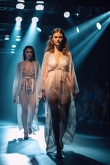 Fototapeta na wymiar High fashion show with beautiful young female models in fine satin lingerie. Generative AI