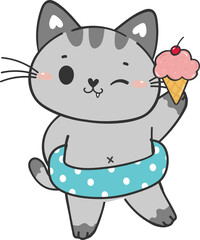 cute funny summer beach playful kitten cat in shorts cartoon animal hand drawing doodle