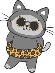 cute funny summer beach playful kitten cat in shorts cartoon animal hand drawing doodle