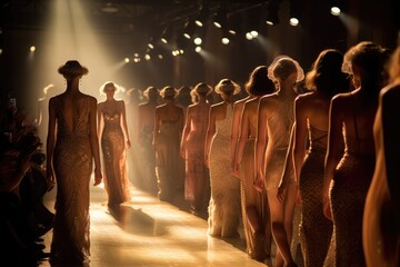 High fashion show with beautiful young female models in fine satin lingerie. Generative AI