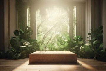 Wooden Product Display Podium in Serene Green Room with Lush Tropical Plants - 3D Rendering for Natural and Organic Product Showcase