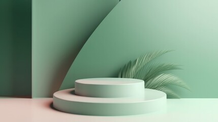 Minimal product podium stage with green pastel organic color style and geometric shape for presentation background. Abstract background and decoration scene template. Generative AI.