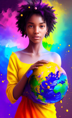 Naklejka premium Young girl holding Planet Earth in her hand on Earth Day. Earth Day concept. Generative Artificial Intelligence.