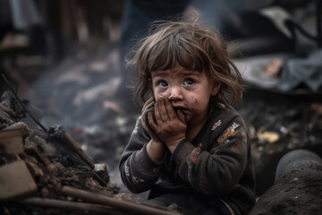 A fictional person, Innocence Amidst Chaos: A Heart-Wrenching Photo of a Toddler in a Warzone, Generative AI