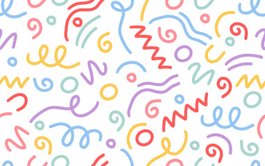 Vector colorful line doodle seamless pattern. Creative abstract style art symbol background for children or celebration design with basic shapes. Simple childish scribble wallpaper print. - 585254528