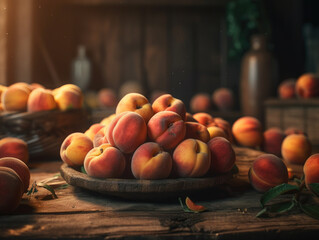 Obraz na płótnie Canvas Beautiful organic background of freshly picked peaches created with Generative AI technology