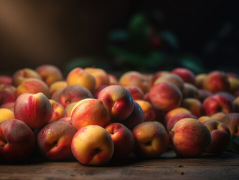 Beautiful organic background of freshly picked peaches created with Generative AI technology