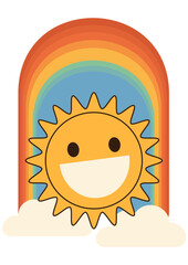 Groovy smiling sun with a rainbow and clouds