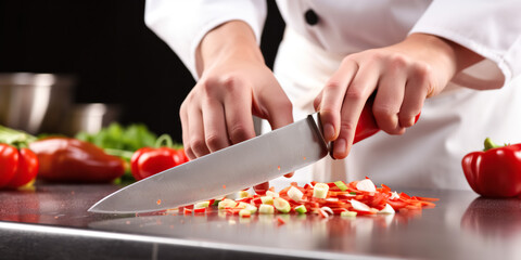 Chef cook preparing vegetables in his kitchen. Chef cutting a green lettuce his kitchen. Male chef working at kitchen

